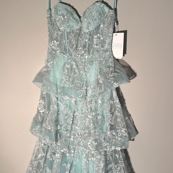 Mac Duggal Spaghetti Strap Applique Tiered Ruffle Gown in Mint - Picture 7 of 10